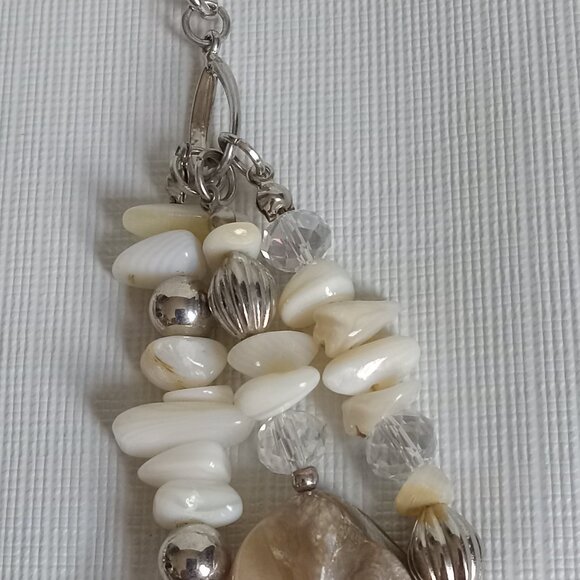 Silver Tone and Off White Mother Of Pearl Assorted Beads Triple Strand Necklace - Picture 5 of 11